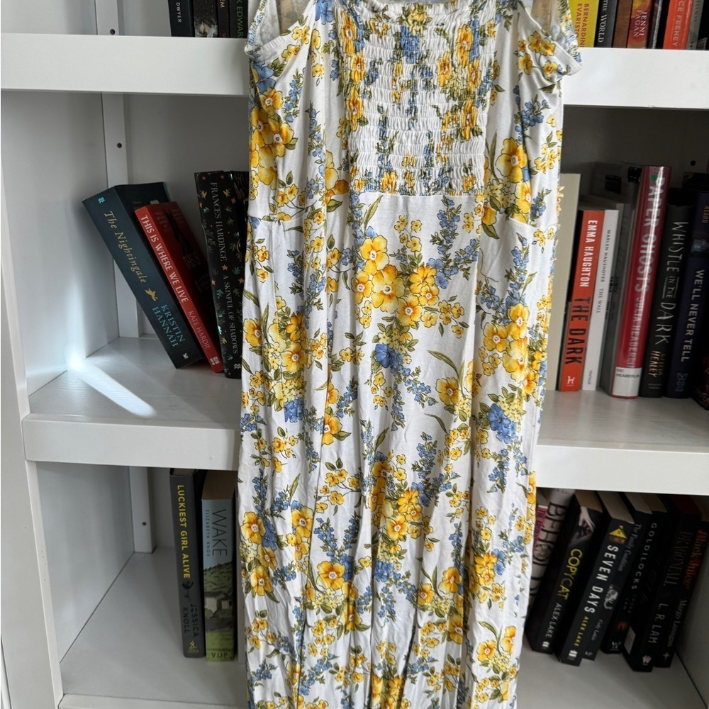 Forever 21 white yellow blue floral stretch ruched tank maxi dress romantic - Picture 5 of 6